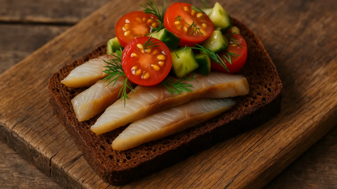 Räucherfisch, Kirschtomaten, Roggenbrot"